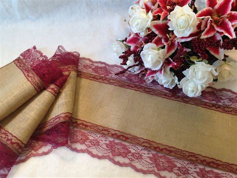 Burlap Table Runner Burgundy Red Wine Lace Wedding Table Etsy