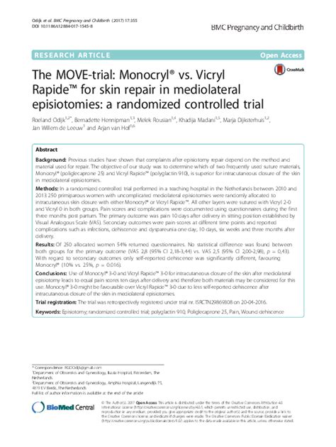 Pdf The Move Trial Monocryl Vs Vicryl Rapide For Skin Repair In