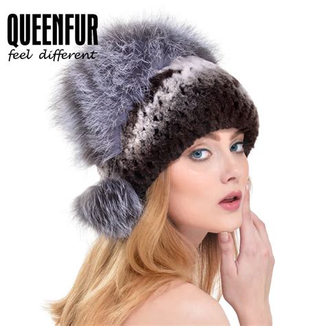 Queenfur Genuine Knitted Rex Rabbit Fur Hat With Whole Fox Fur Top 2016 Fashion Winter Real Fur