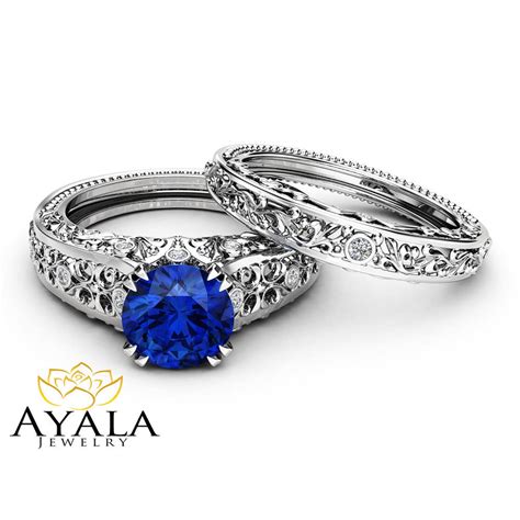 Sapphire Engagement Wedding Ring Set K White Gold Rings Etsy