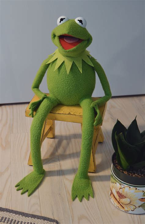 Kermie The Frog Sitting On A Chair Next To A Potted Plant