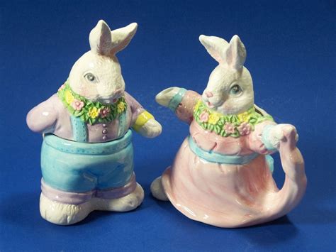 Dancing Bunny Sugar And Creamer Set Rabbit Couple Easter Lillian Vernon