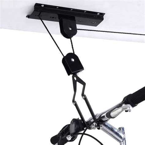 Raise and lower a 50 lb bike up to 12' by simply latching the hooks to the seat and handlebars and pulling the rope. 45LB Strong Bike Bicycle Lift Ceiling Mounted Hoist Storage Garage Hanger Pulley Rack Metal Lift ...