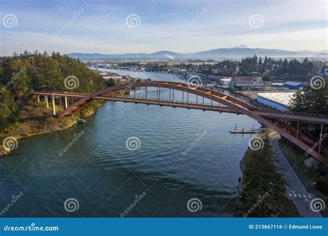 Rainbow Bridge and the City of La Conner, Washington. Stock Photo