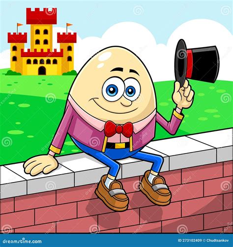 Humpty Dumpty Egg Cartoon Character Sitting On Wall Waving Hat Stock