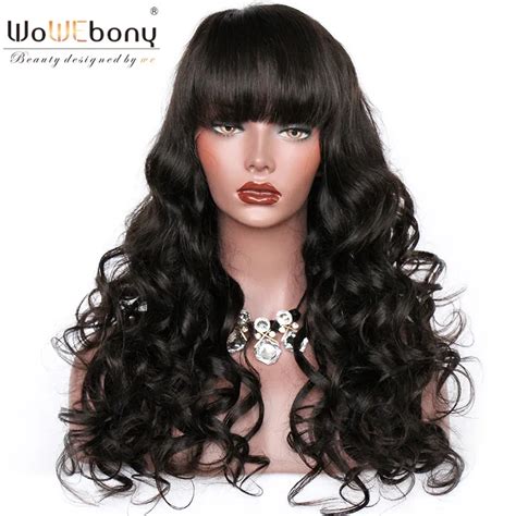 Wowebony 100 Human Hair Wavy Indian Remy Hair Glueless Full Lace Wigs With Bangs In Full Lace