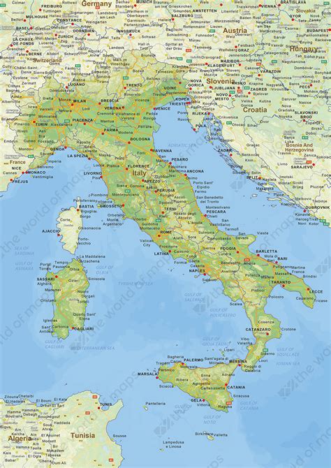 The italy physical map is provided. Digital physical map of Italy 1443 | The World of Maps.com