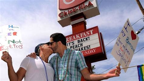 Chick Fil A Protesters Hold Kiss In To Support Gay Rights World Cbc News