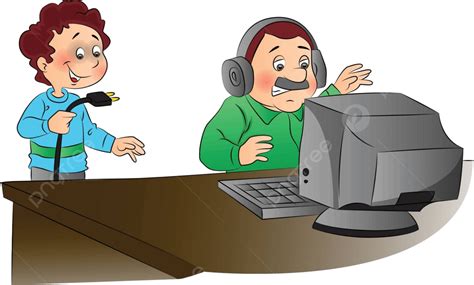 Angry Man Staring At Unplugged Computer Depicted In Vector Illustration