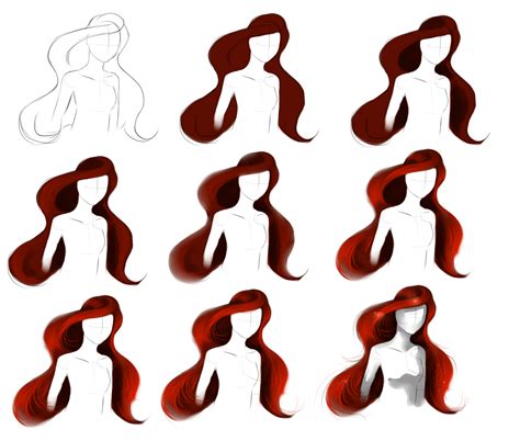You don't need to draw every strand like that (feel free to do so if you like though!), a few will be enough to give the feeling you are looking for, and the back can just have a simple shape. HAIR tutorial -Ariel by ryky on DeviantArt