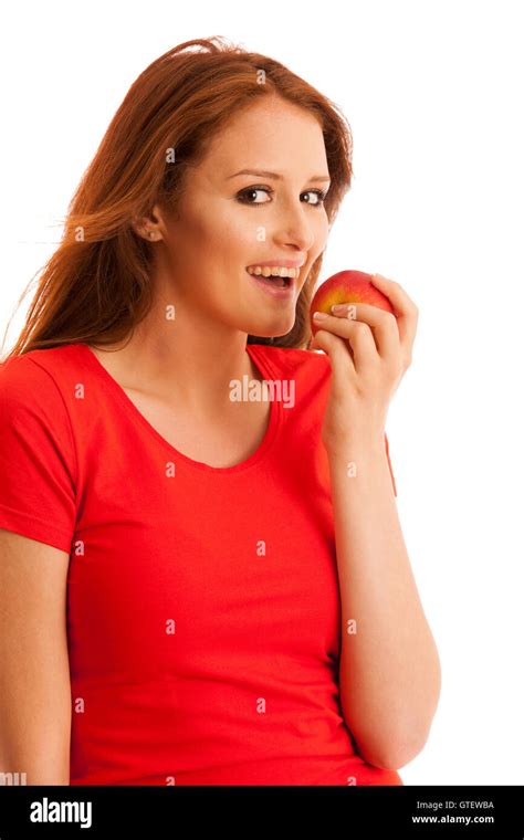Woman Eating Red Apple Isolated Over White Backgoround Stock Photo Alamy