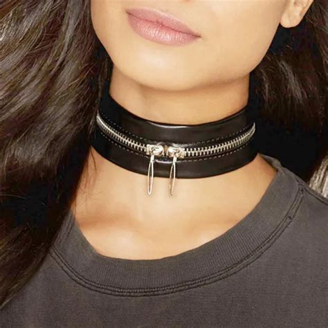 Punk Creative Black Pu Leather Zipper Choker Necklace For Women Gothic