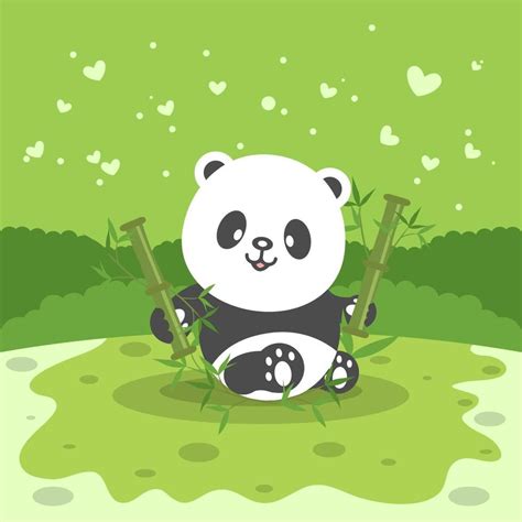 Cute Illustration Of Cartoon Character Panda Eating Bamboo With Green