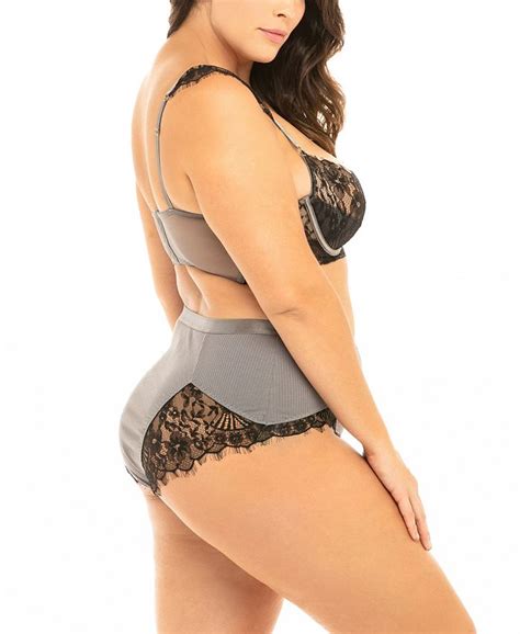 Oh La La Cheri Plus Size Eyelash Lace Unlined Bra With Ribbed Knit High Waist Short With Front