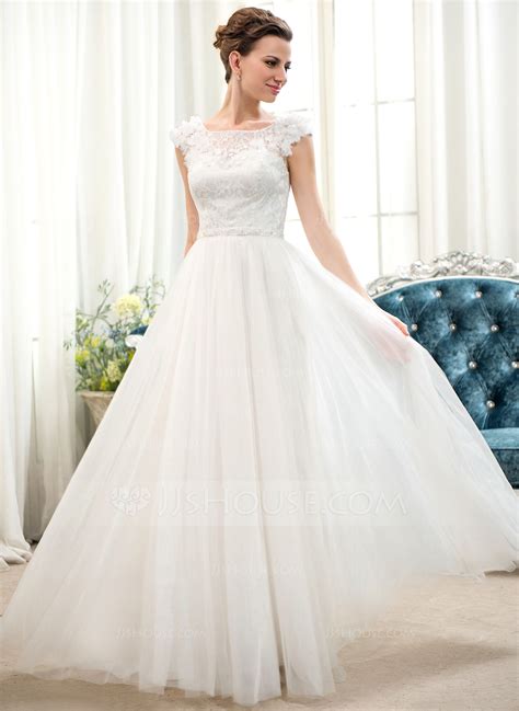 A Lineprincess Scoop Neck Floor Length Tulle Lace Wedding Dress With