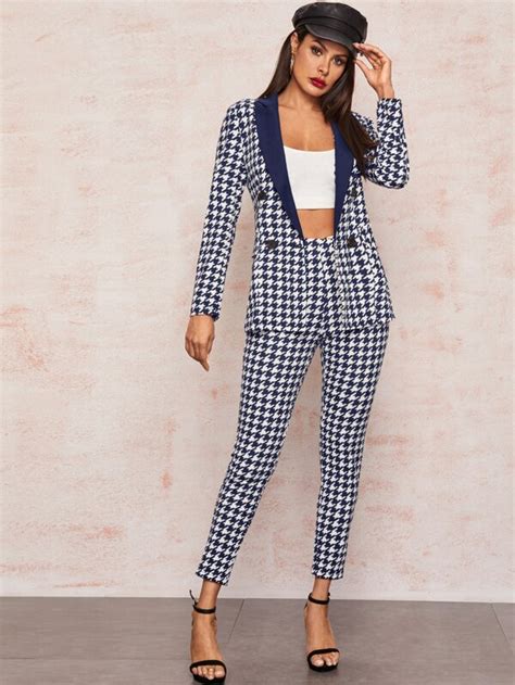 SHEIN Clasi Notched Collar Double Breasted Houndstooth Blazer Pants