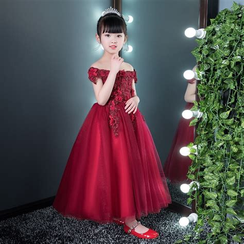 Wine Red Shoulderless Flower Girl Dresses For Wedding Appliques Long