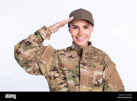 Photo Of Young Woman Happy Smile Soldier Army Officer Show Hand Salute