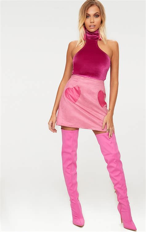 Hot Pink Velvet High Neck Cut Out Shoulder Thong Bodysuit