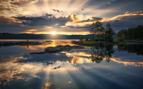 Wallpaper Ringerike Norway Lake Trees Clouds Sunset 1920x1200 Hd