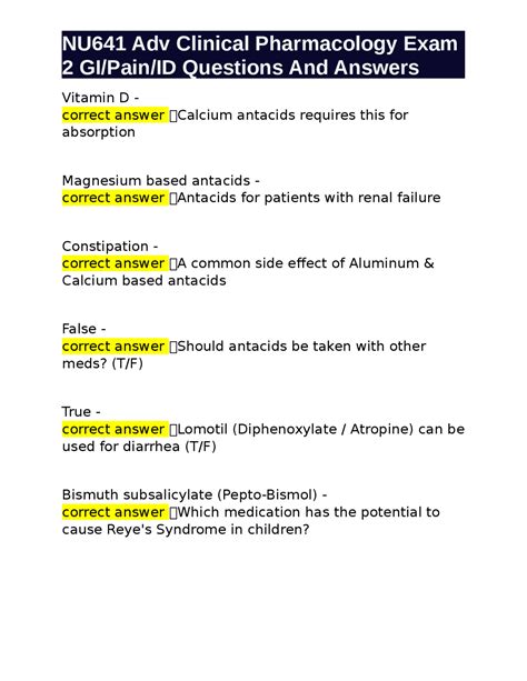 Advanced Clinical Pharmacology Gi Pain Id Questions And Answers