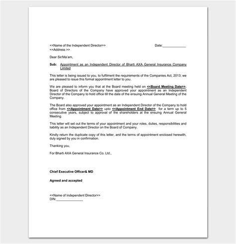 sample company director appointment letter  letter