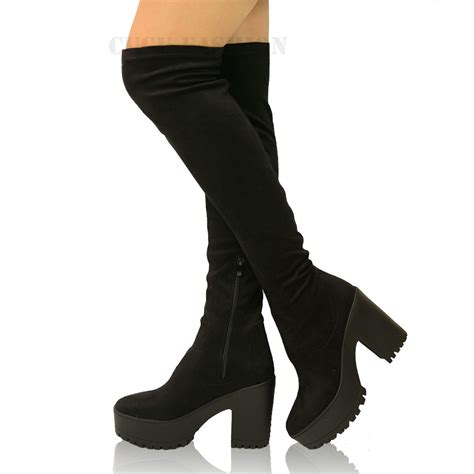 Womens Stretch Over The Knee Boots Ladies Block Chunky High Heel