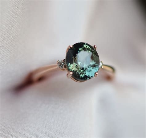 3 Stone Green Sapphire Ring Engagement Ring Rose Gold Engagement Ring