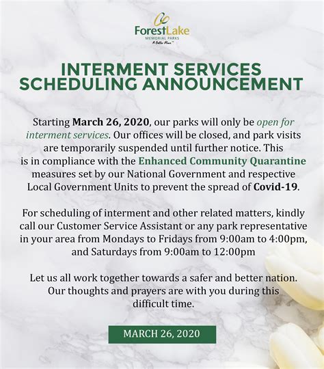 Interment Services Schedule Forest Lake Memorial Parks