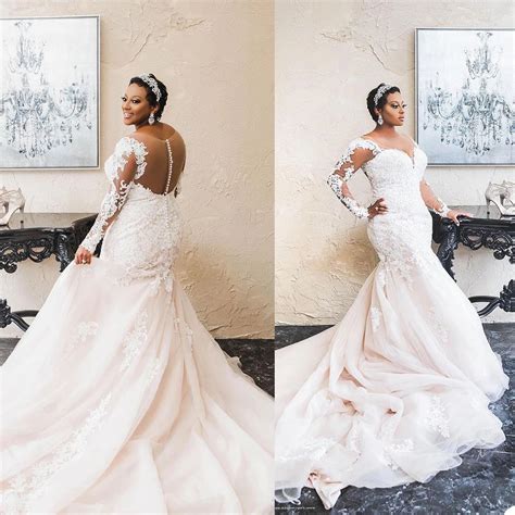 African Plus Size Mermaid Wedding Dress V Neck Long Sleeve Bridal Gowns