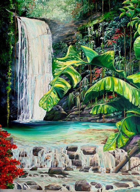 Rain Forrest Falls Painting Waterfall Paintings Jungle Art
