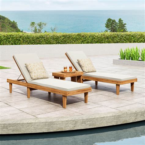 Addisyn Outdoor Acacia Wood 3 Piece Chaise Lounge Set With Water Resis
