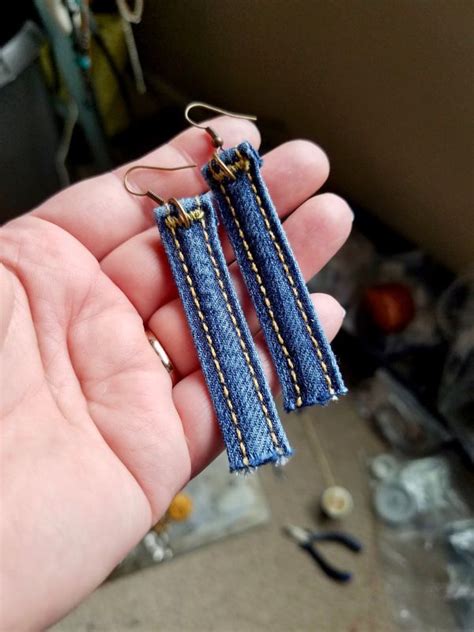 Repurposed Jeans Earrings Upcycled Fabric Belt Hoop Denim Jewelry