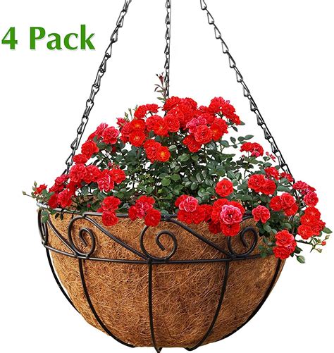 metal hanging planter basket with coco liner 4 pack 14 in diameter hanging flower pot round