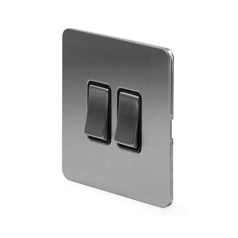 Soho Lighting Brushed Chrome Flat Plate 2 Gang Intermediate Switch Blk