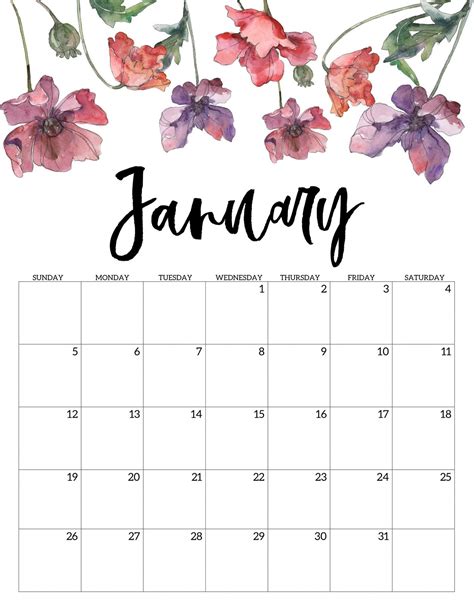 2020 January Floral Calendar Free Printable Calendar Print Calendar