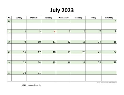 Free July 2023 Calendar Coloring On Each Day Horizontal Free