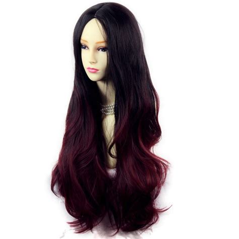 Long Wavy Lady Wigs Black Brown And Burgundy Dip Dye Ombre Hair Wiwigs