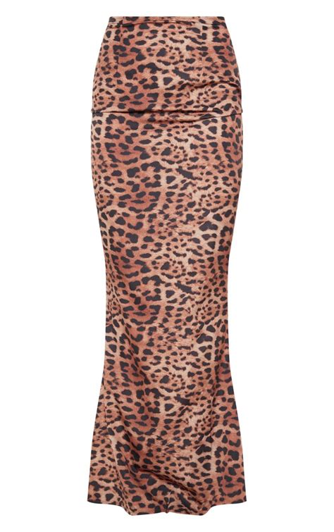 Tan Satin Leopard Print Maxi Skirt Skirts Prettylittlething