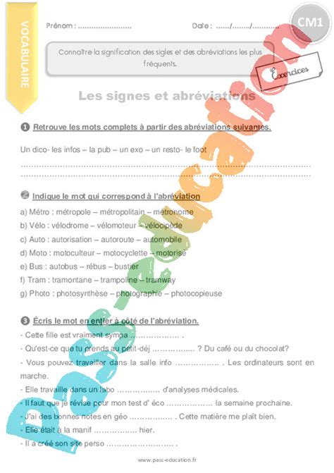 Exercice Sigles abréviations CM Cycle Pass Education