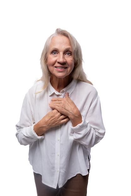 premium photo year old happy european mature woman wearing shirt on white background