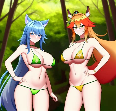 Rule 34 2022 2girls Ai Generated Big Breasts Bikini Deer Girl Female Female Focus Forest Fox