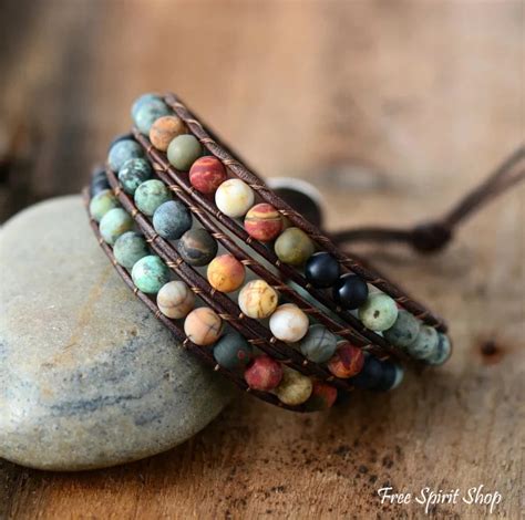 Natural Semi Precious Gemstones Love Leather Wrap Bracelet