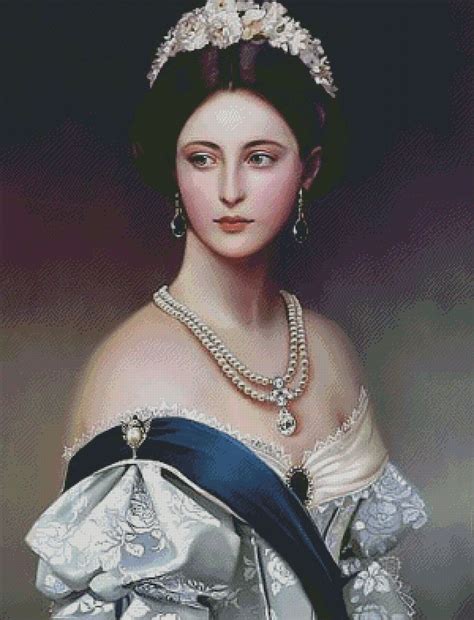 A Painting Of A Woman In A White And Blue Dress With Pearls On Her Head