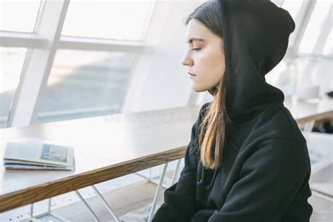 Relaxed Sad Calm Young Girl In Hoodie Profile Side Portrait Stock