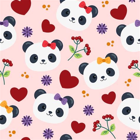 Premium Vector Seamless Pattern Of Cute Panda With Heart And Flowers