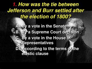 Image result for electoral tie between Thomas Jefferson and Aaron Burr. Jefferson was elected president and Burr became vice president.