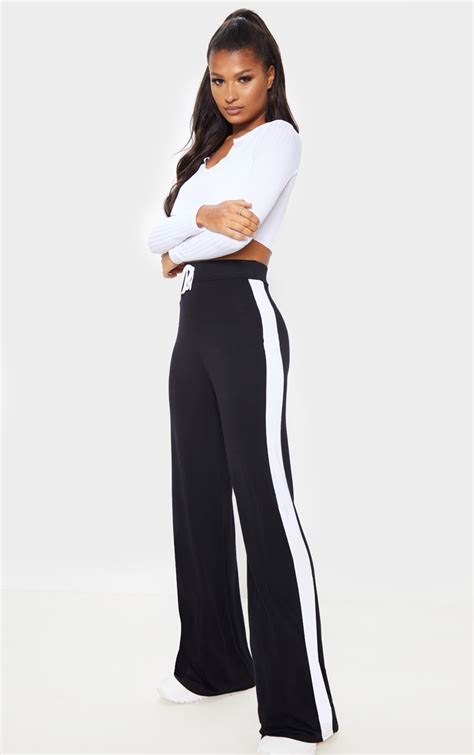 Black Jersey Wide Leg Side Stripe Pant Prettylittlething Aus