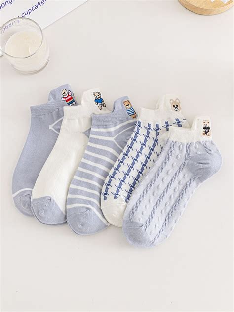 5pairs Cartoon Bear Embroidered Ankle Socks Cute Socks Socks Ankle Socks