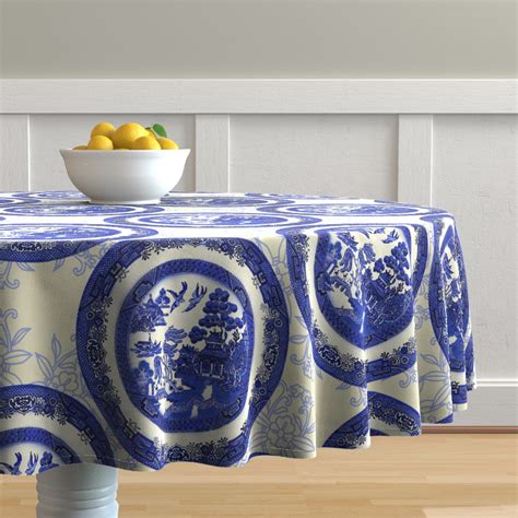 Round Tablecloth Blue Willow Asian Temple Circle Toile Cotton Sateen